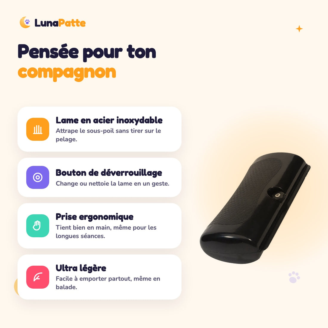 Avantages de la brosse anti-mue : lame en acier inoxydable, bouton de déverrouillage, prise ergonomique, ultra légère