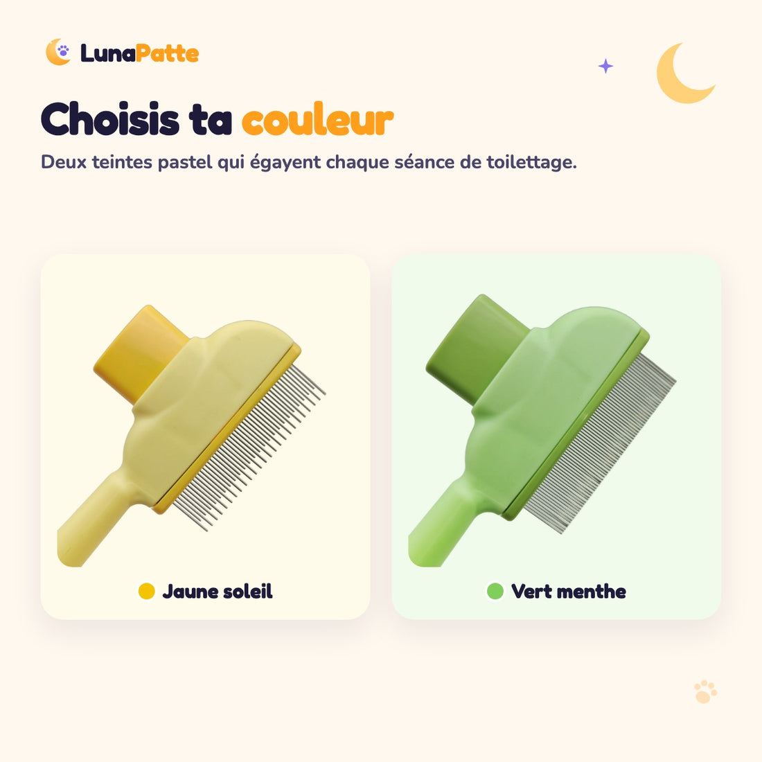 Peigne autonettoyant disponible en jaune soleil et vert menthe
