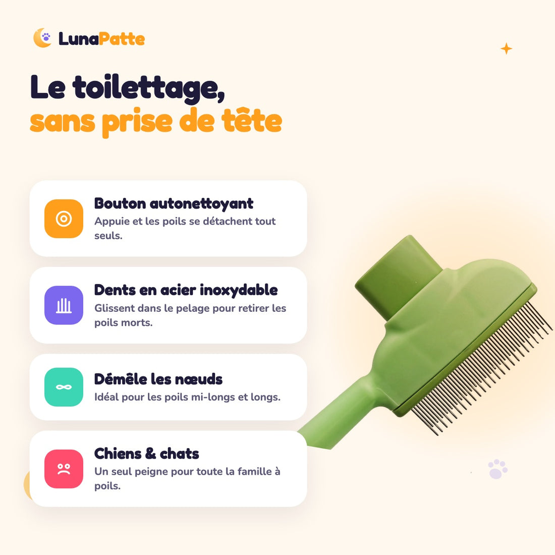 Avantages du peigne : bouton autonettoyant, dents en acier inoxydable, démêle les nœuds