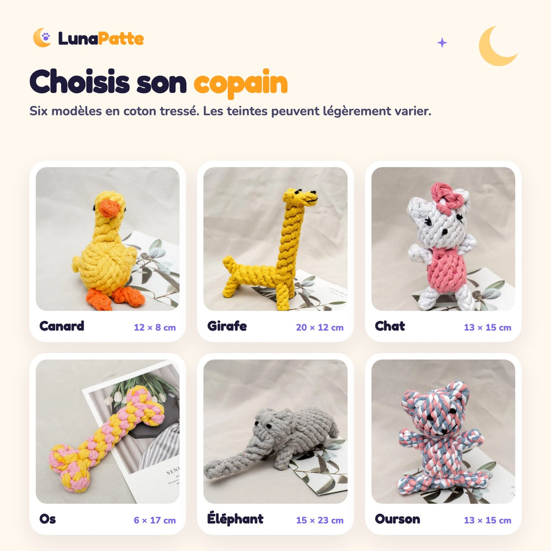 Les six modèles de jouets en corde avec leurs tailles