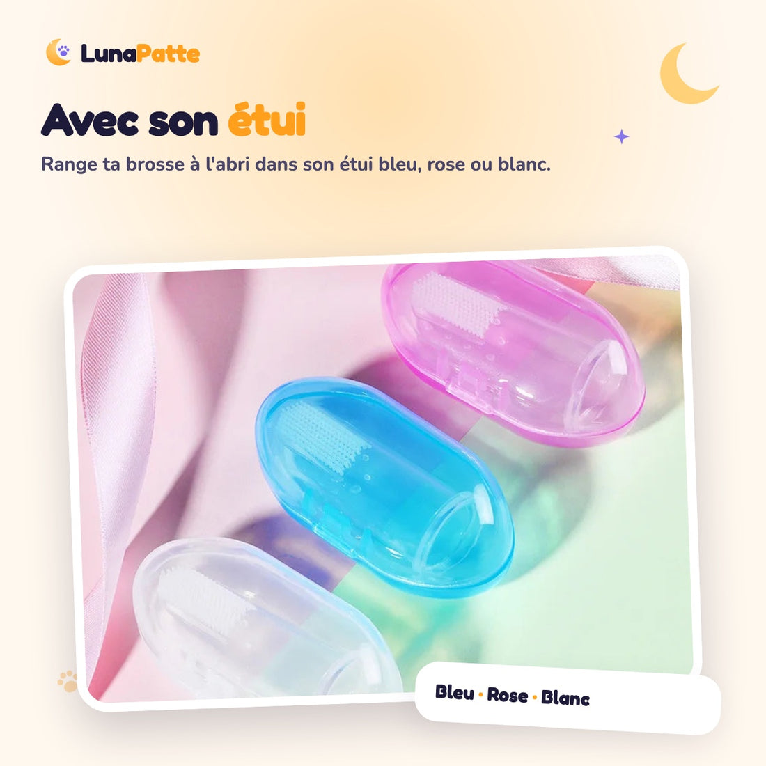 Étuis de rangement bleu, rose et blanc pour la brosse à dents à doigt