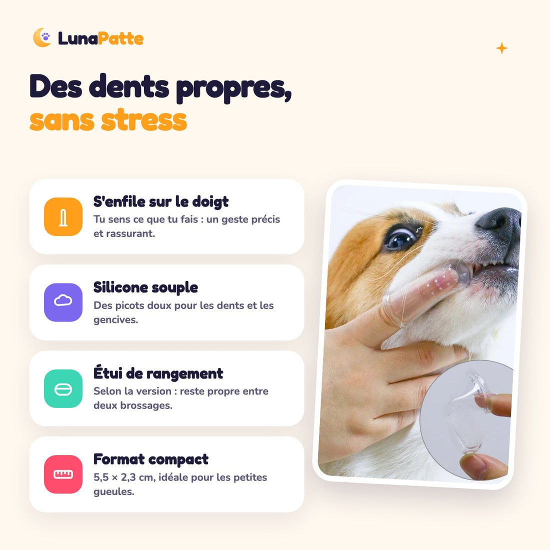 Avantages de la brosse à dents à doigt : silicone souple, étui, format compact